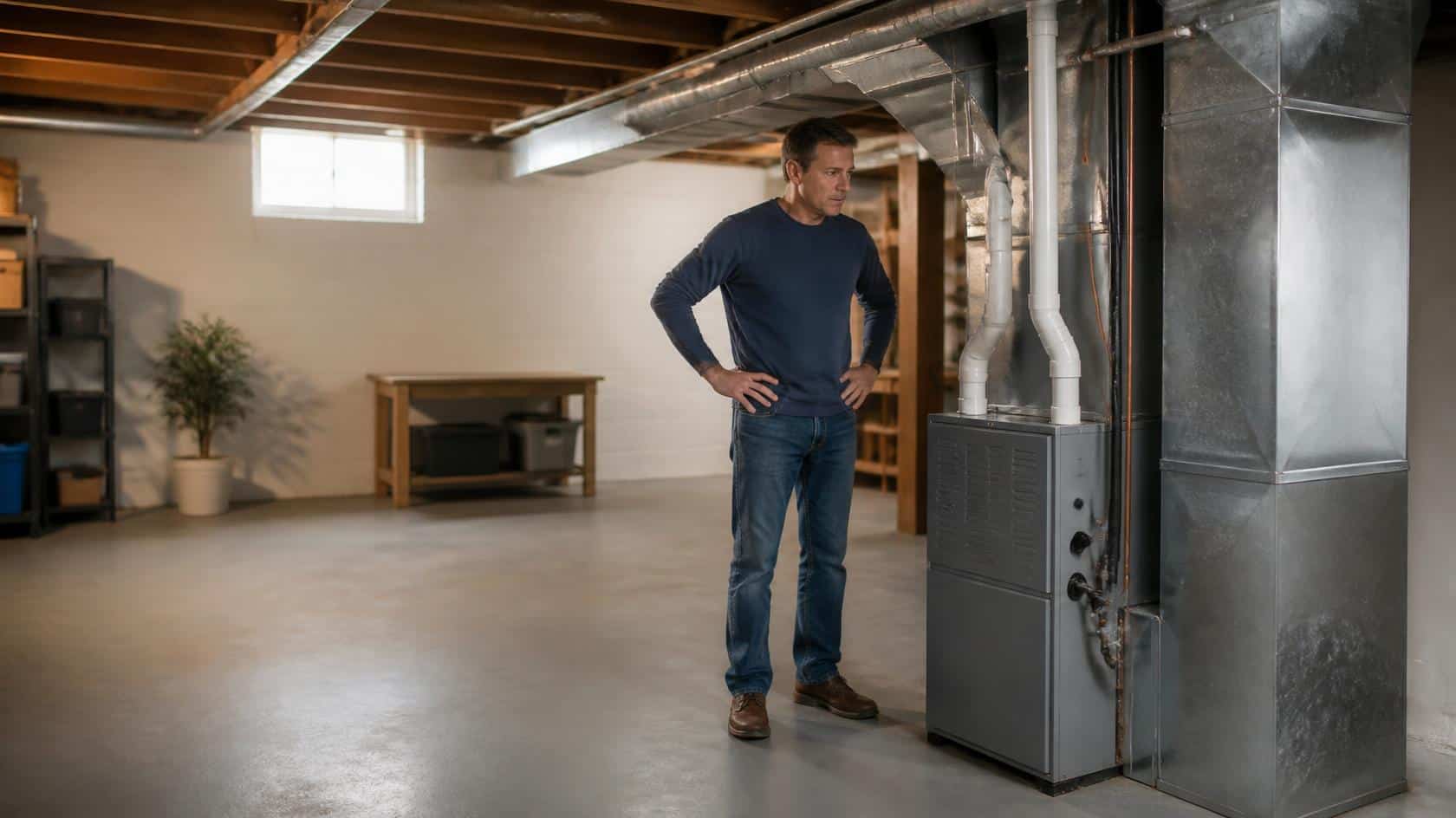 Homeowner looking with concern at a residential furnace in an older Philadelphia-area basement